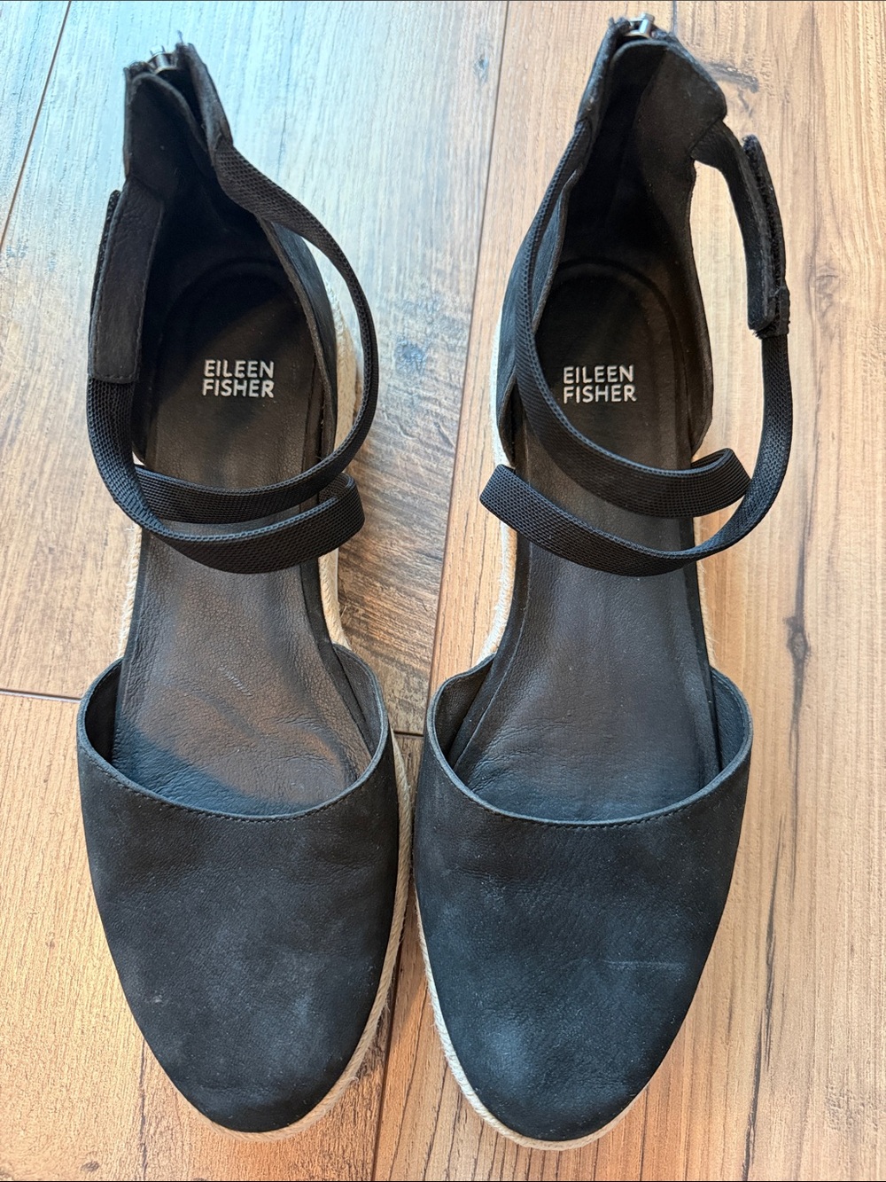 Eileen Fisher Black Nubuck Leather suede Espadrille strappy Sandal 10 Back Zip